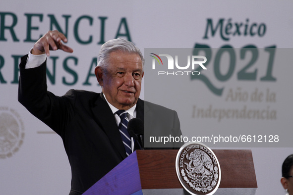 Mexico’s President Andres Manuel Lopez Obrador gesticulates while speaks during a Daily Morning press conference at National Palace. On Apri...