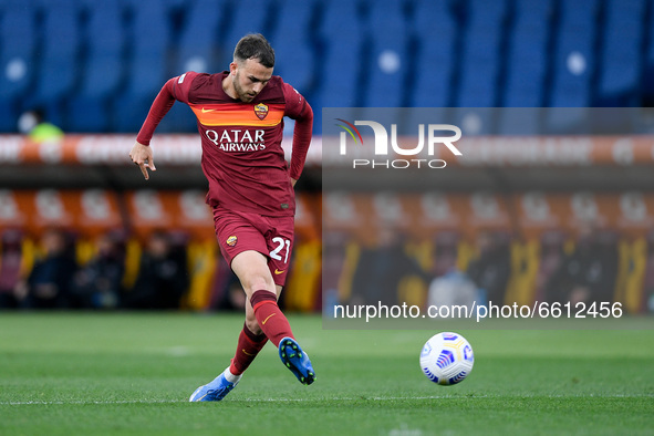 Borja Mayoral of AS Roma scores first goal during the Serie A match between AS Roma and Bologna FC at Stadio Olimpico, Rome, Italy on 11 Apr...