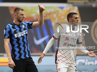Milan Skriniar of FC Internazionale gestures during the Serie A match between FC Internazionale  and Cagliari Calcio at Stadio Giuseppe Meaz...