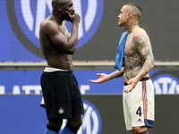 Romelu Lukaku of FC Internazionale interacts with Radja Nainggolan of Cagliari Calcio after the Serie A match between FC Internazionale  and...