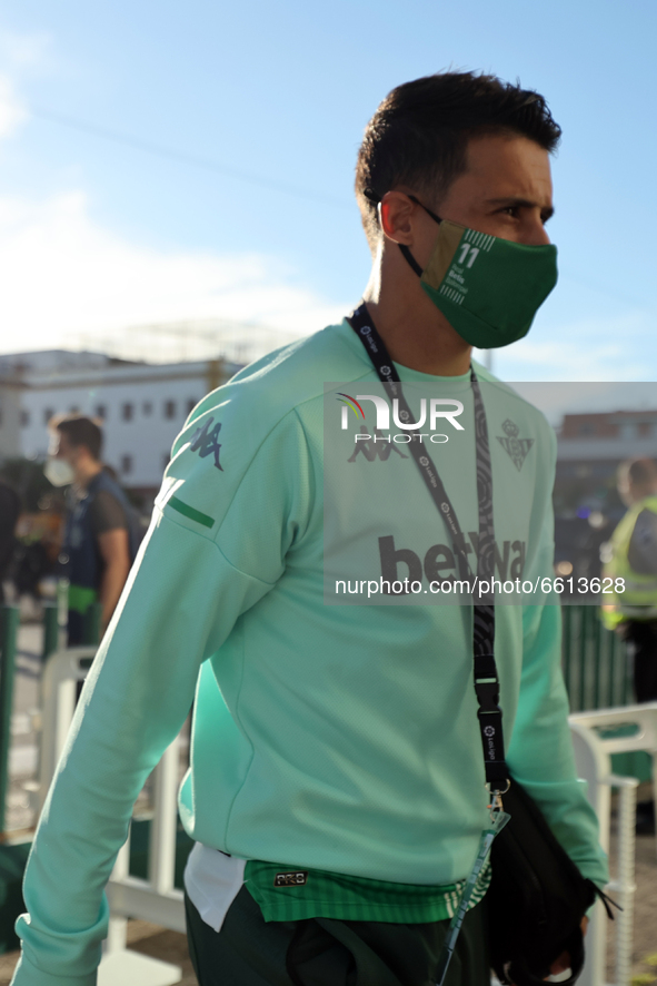 Cristian Tello of Real Betis Balompie arrives to the Stadium prior  the La Liga Santander match between Real Betis and Atletico de Madrid at...