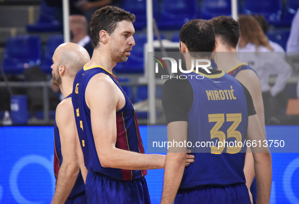 Pau Gasol and Nikola Mirotic during the match between FC Barcelona and Real Madrid, corresponding to the week 30 of the Liga Endesa, played...