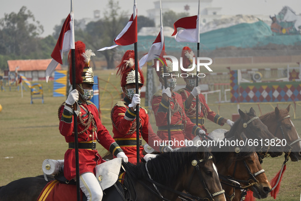 Nepalese Army Horse Cavalry parade during Ghode Jatra or the 'Festival of Horse' celebrated at the Army Pavilion, Kathmandu, Nepal on Sunday...