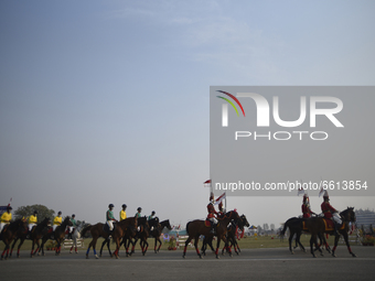 Nepalese Army Horse Cavalry parade during Ghode Jatra or the 'Festival of Horse' celebrated at the Army Pavilion, Kathmandu, Nepal on Sunday...