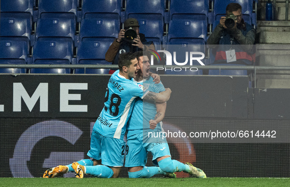 Miguel de la Fuente goal celebration during the match between RCD Espanyol and FC Fuenlabrada, corresponding to the week 32 of the Liga Smar...