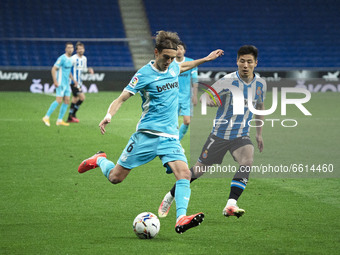 Wu Lei and Sergio Gonzalez during the match between RCD Espanyol and FC Fuenlabrada, corresponding to the week 32 of the Liga Smartbank, pla...