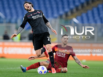Roberto Soriano of Bologna FC and Lorenzo Pellegrini of AS Roma compete for the ball during the Serie A match between AS Roma and Bologna FC...