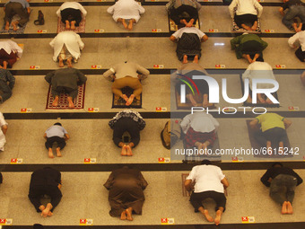 Indonesian Muslims perform the first tarawih prayer during the start of the holy month of Ramadan at a Mosque in Bogor, Indonesia on April 1...