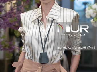 A model walks the runway at the Juanjo Oliva  Fashion Week Madrid show Es Moda on April 13, 2021 in Madrid, Spain.  (