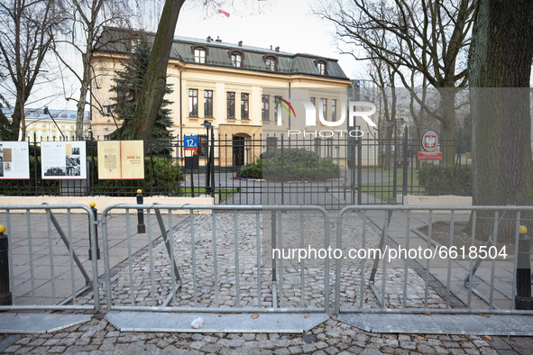 A fence meant to keep protesters at a distance is seen surrounding the Constitutional Tribunal in Warsaw, Poland on April 13, 2021. On Thurs...