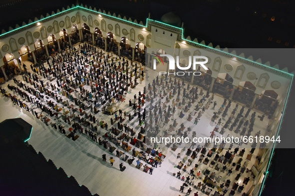 Muslims perform Tarawih prayers inside Al-Azhar Mosque during the blessed month of Ramadan, amid the Coronavirus (COVID-19) pandemic, in Cai...