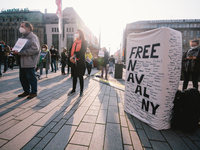 people rally to support Russian opposition politician Alexei Navalny and demand his release from prison in Duesseldorf, Germany on April 21,...