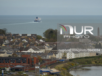 The Larne to Cairnryan ferry leaves Larne Harbor in County Antrim.
On Tuesday, April 20, 2021, in Larne, County Antrim, Northern Ireland (