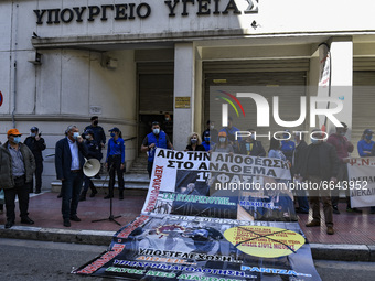 Doctors and hospital staff demonstrate outside the Health Ministry, amid the coronavirus disease (COVID-19) pandemic, in Athens, Greece, Apr...