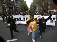 Courtney Daniels, Sis and Nattaylee Randall march with demonstrators through the streets against racism and inequality in the theater indust...