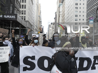 Demonstrators march through the streets against racism and inequality in the theater industry on April 22, 2021 in New York City, USA. Publi...