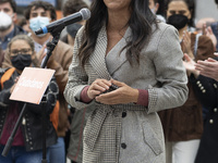 Begona Villacis intervenes in an electoral of 4M act in the Plaza de Lavapies, on April 23, 2021, Madrid (Spain) (