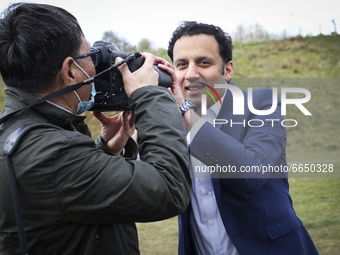 Scottish Labour Leader Anas Sarwar plays with a photographer during a visit to the Falkirk Wheel to promote a second vote for Labour to deli...