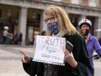 Denialist covid-19 during a demonstration in the Plaza Mayor of Madrid, Spain, on April 24, 2021 against the restriction measures of the gov...
