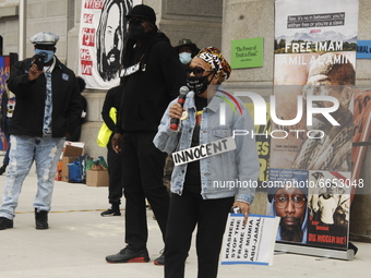 Pam Africa speaks to the crowd during a rally calling for the release of Mumia Abu-Jamal and all political Prisoners on the 67th birthday of...