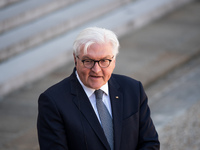 German Head of State Frank-Walter Steinmeier addresses a press conference in the Elysee court during the France-Germany bilateral summit, to...