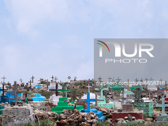 A view of Crosses above graves at a cemetery in a village near Sohra in Meghalaya, India on 19 April 2021. (