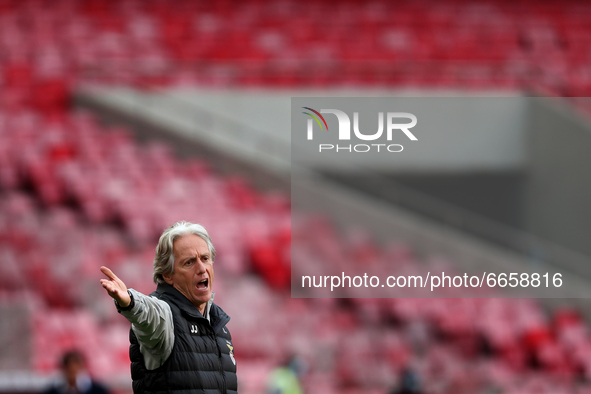 Benfica's head coach Jorge Jesus gestures during the Portuguese League football match between SL Benfica and CD Santa Clara at the Luz stadi...