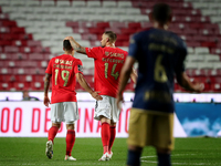 Chiquinho of SL Benfica (L ) celebrates with Haris Seferovic after scoring the Portuguese League football match between SL Benfica and CD Sa...