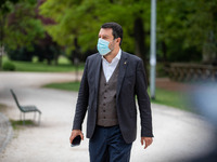 Matteo Salvini has lunch at Bar Bianco during the first day of reopening of Bars and Restaurants in the Yellow Zone on April 26, 2021 in Mil...