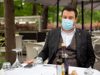 Matteo Salvini has lunch at Bar Bianco during the first day of reopening of Bars and Restaurants in the Yellow Zone on April 26, 2021 in Mil...