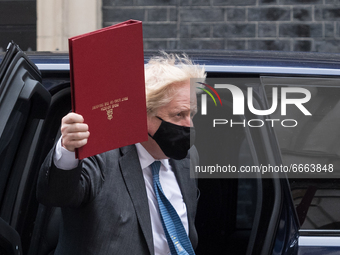 LONDON, UNITED KINGDOM - APRIL 28, 2021: British Prime Minister Boris Johnson arrives in Downing Street after PMQs at the House of Commons,...