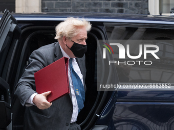 LONDON, UNITED KINGDOM - APRIL 28, 2021: British Prime Minister Boris Johnson arrives in Downing Street after PMQs at the House of Commons,...