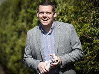 Scottish Conservative Leader Douglas Ross takes to the streets to leaflet in areas around Firrhill on April 30, 2021 in Edinburgh, Scotland....