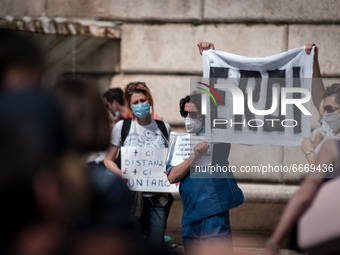 Demonstration in Piazza del Popolo, in Rome, Italy, on April 30, 2021 against the mandatory vaccination and against the decrees law that pro...