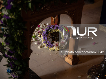 Athens, Greece, April 30th, 2021.A traditional decoration with flowers at the Greek Orthodox church of Agios Spyridonas in Athens., on April...