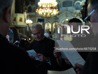 Athens, Greece, April 30th, 2021 -Hymns from the choir of Agios Spyridonas church in Athens, during the Good Friday's mass in Athens, Greece...