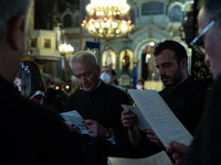 Athens, Greece, April 30th, 2021 -Hymns from the choir of Agios Spyridonas church in Athens, during the Good Friday's mass in Athens, Greece...