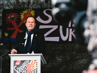 duesseldorf mayor Dr. Stephan Keller is seen speaks to in the drive in labor day rally in Duesseldorf, Germany on May 1, 2021 (
