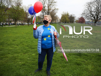 A woman celebrates 17-year of Polish membership in the European Union. Krakow, Poland on May 1st, 2021. Despite of the coronavirus pandemic...
