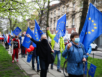 People celebrate 17-year of Polish membership in the European Union. Krakow, Poland on May 1st, 2021. Despite of the coronavirus pandemic an...