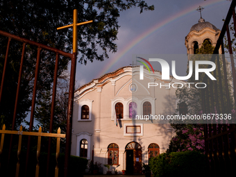 Rainbow appears over the Saint Trinity Eastern Orthodox Christian church in Yambol, Bulgaria on Holy Friday, April 30th 2021. (