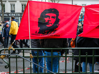 A portrait of Che Guevara on a red flag during the May Day demonstration during the International Workers Day, in Paris, France, on May 1, 2...