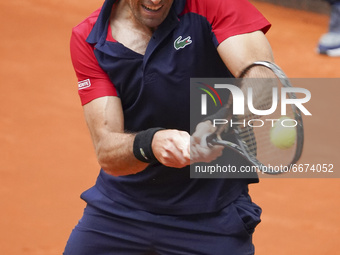 Pablo Andujar of Spain in action during his Men's Singles Qualifying match against Mikhail Kukushkin of Kazakhstan on the ATP Masters 1000 -...
