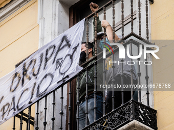 Banners on the facade of the building that have been squatted by social groups, among which are Fridays For Future and members of the CSO In...