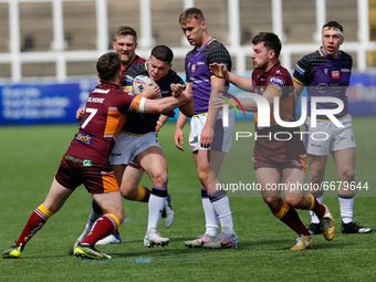 
 Jake Shorrocks of Newcastle Thunder is tackled by Tom Gilmour of Batley Bulldogs during the BETFRED Championship match between Newcastle T...