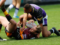 
 Joe Brown of Newcastle Thunder tackles Elliott Hall of Batley Bulldogs during the BETFRED Championship match between Newcastle Thunder and...