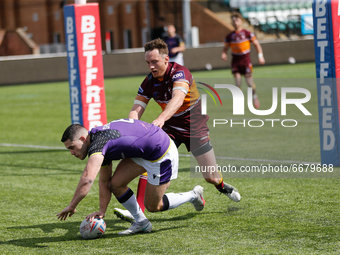 
 Jake Shorrocks of Newcastle Thunder collects a Josh Woods kick to score during the BETFRED Championship match between Newcastle Thunder an...