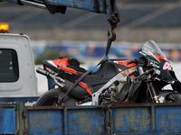 Aleix Espargaro motorbike after crashed out during the MotoGP test day at Circuito de Jerez - Angel Nieto on May 3, 2021 in Jerez de la Fron...