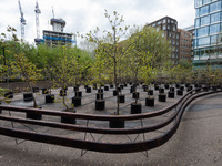 LONDON, UNITED KINGDOM - MAY 04, 2021: An installation of 100 oak saplings entitled 'Beuys' Acorns' by British artists Heather Ackroyd and D...