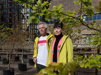 LONDON, UNITED KINGDOM - MAY 04, 2021: British artists (R-L) Heather Ackroyd and Dan Harvey pose with an installation of 100 oak saplings en...